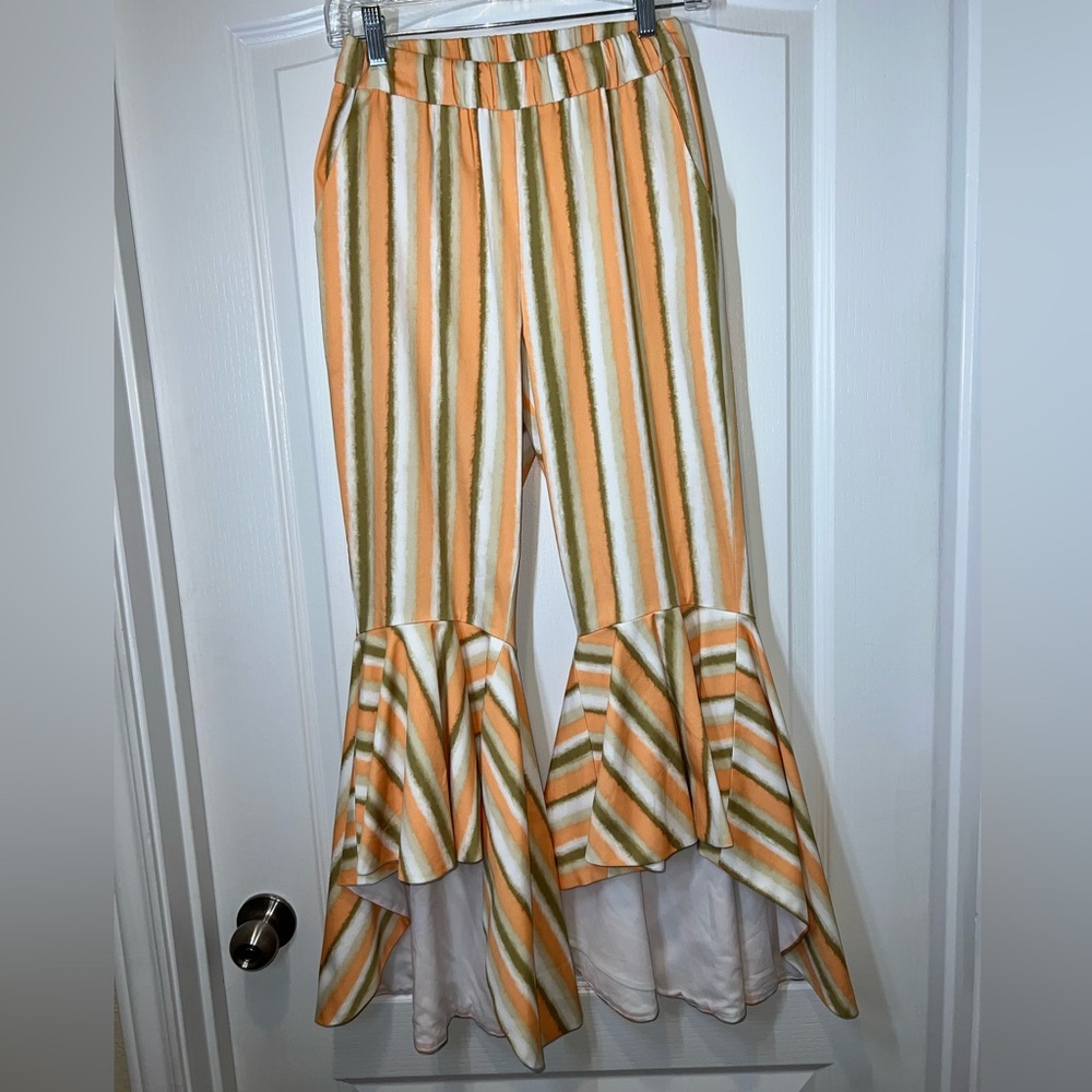 Autumn Adeigbo Orange and Green Striped Flare Pants